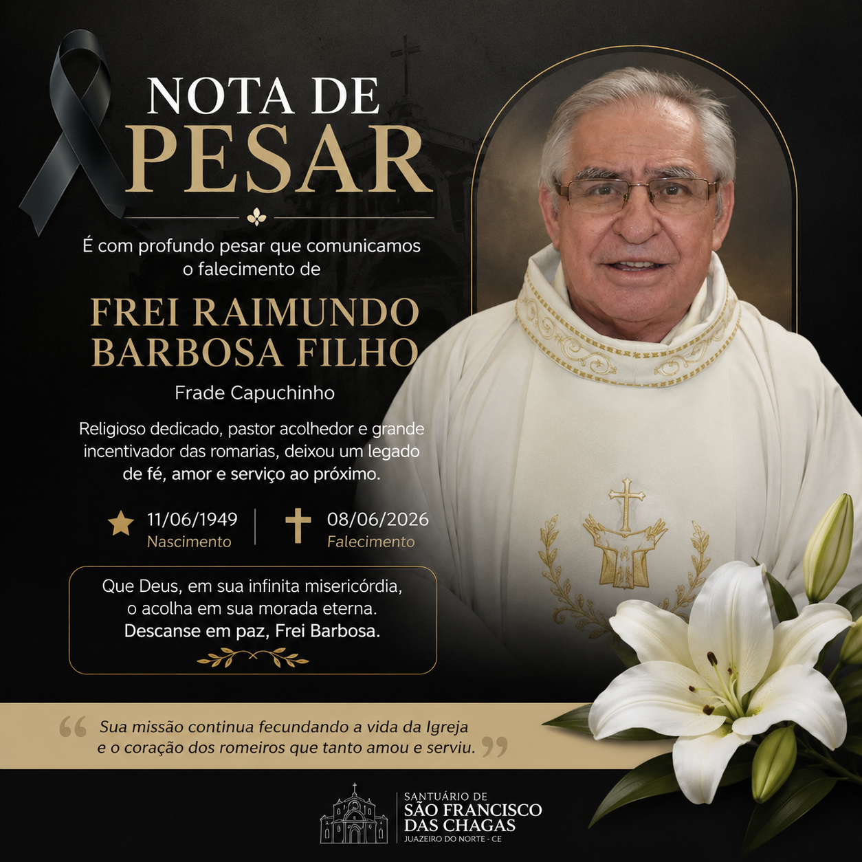 Morre aos 76 anos Frei Raimundo Barbosa Filho, referência na evangelização e nas romarias de Juazeiro do Norte