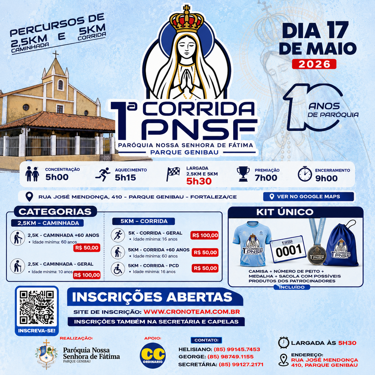 Primeira Corrida da Paróquia Nossa Senhora de Fátima movimenta o Genibaú com fé, esporte e integração comunitária