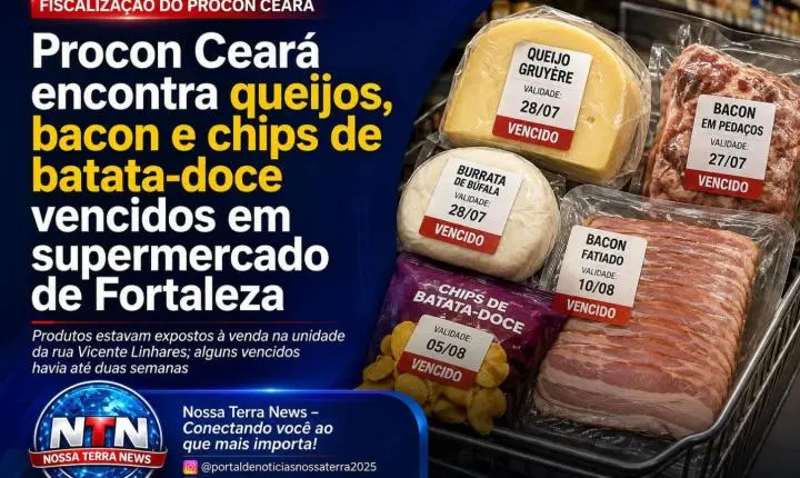 Procon Ceará encontra queijos, bacon e chips de batata-doce vencidos em supermercado de Fortaleza